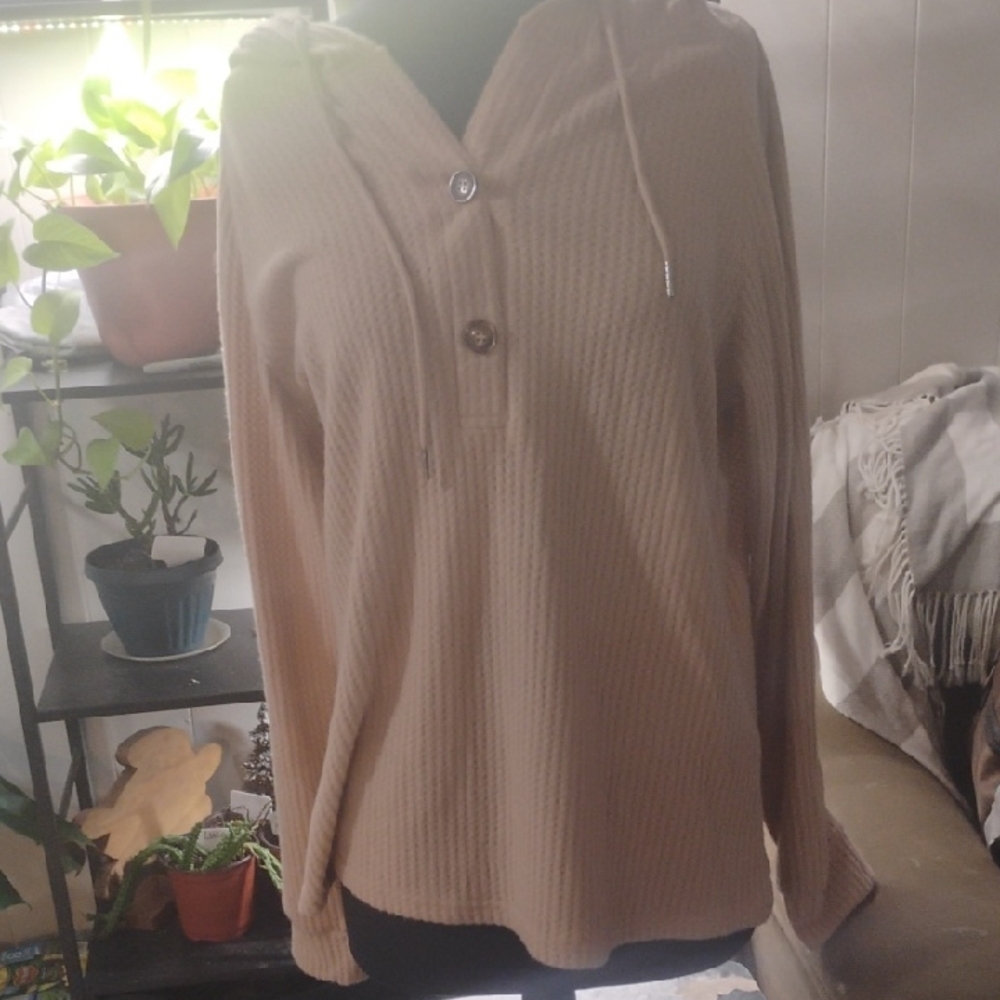 Women's Beige Hooded Waffle-Knit Button Pullover